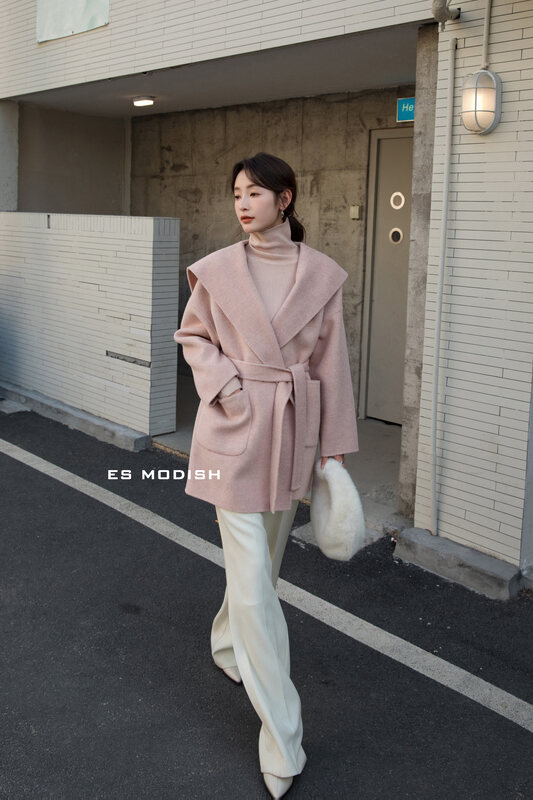 New in winter!【ES MODISH】Small and medium-length solid color wool coat (with belt) (including 90% wool) JK2046# CQW