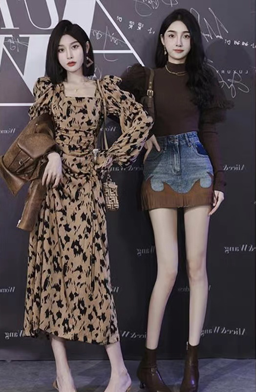 【ARE STUDIO】Designed Leopard Print Square Neck Slim Dress 92312# OZQ