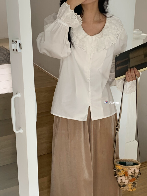 【FINOA】Korean-style simple and generous double-layer lace design hollow-breasted solid color shirt 1302# JHY