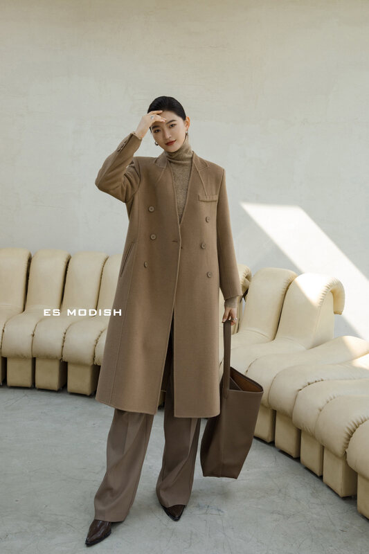 【ES MODISH】V-neck long double-face woolen coat (including 100% wool) JK2038A# CQW