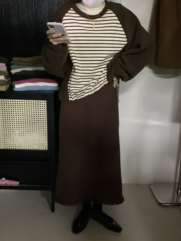 Original price 66.55! [U grain] Stitching personalized striped closing sweater 10037