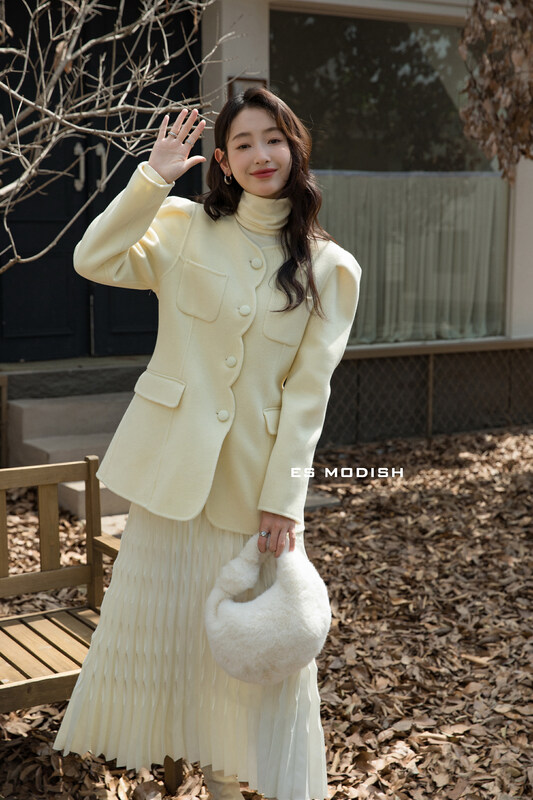 New in winter!【ES MODISH】Wave line single-breasted collarless wool coat (including 100% Australian wool) JK2026A# CQW