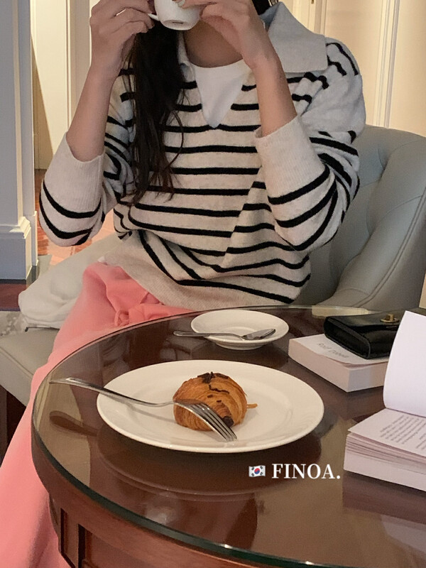 【FINOA】Lazy Casual Striped Contrast Lapel Loose Knit Sweater 1357