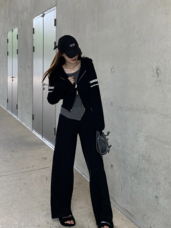 【Y.JIA】Casual Hooded Versatile Sports Jacket High Waist Elastic Straight Casual Pants Set (Two Pieces) 5022# FHX