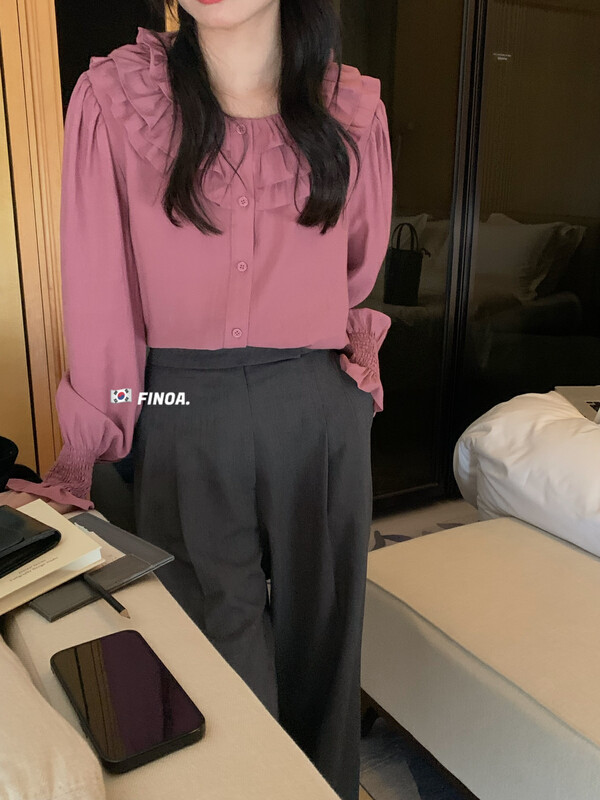 [FINOA] Korean version of the design sense of fresh ruffled solid color loose shirt 1320