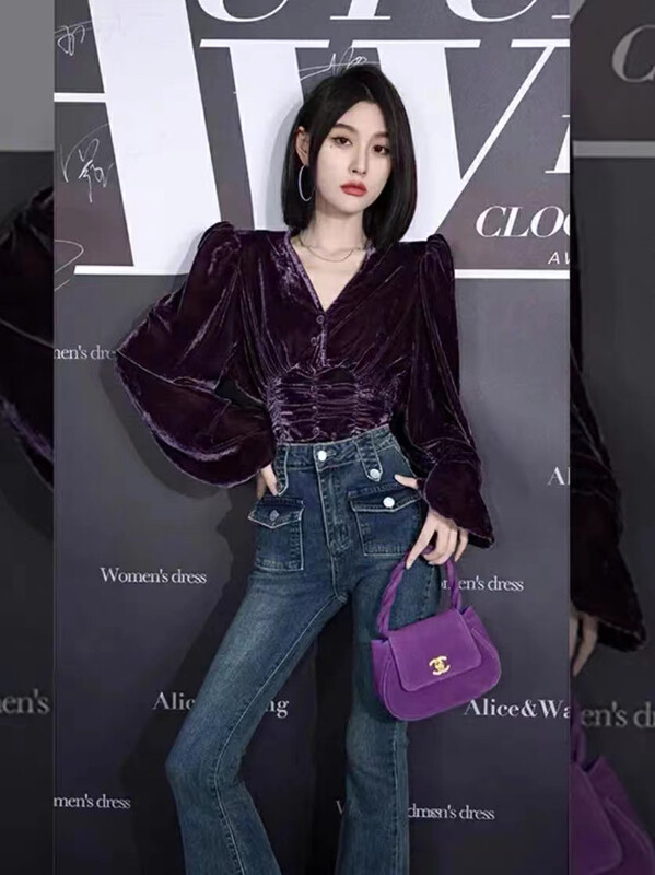 New in winter! [ARE STUDIO] design v-neck velvet slim-fit shirt 92262# OZQ