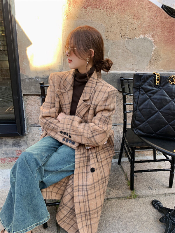 [Y.JIA Ijia] Korean retro plaid high-quality suit all-match coat wool coat 55057