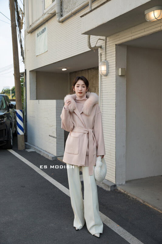 【ES MODISH】Korean style fur collar hooded wool coat (with belt) (non-removable real fox fur collar, including 100% wool) JK2048B# CQW