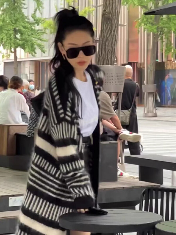 【Y.JIA】High-end temperament gentle casual loose striped cardigan long warm sweater 821# FHX