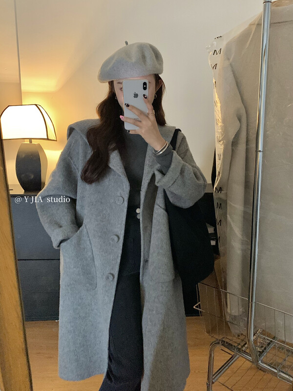 [Y.JIA Ijia] Korean version of gentle age-reducing single-breasted navy collar wool coat coat 55016