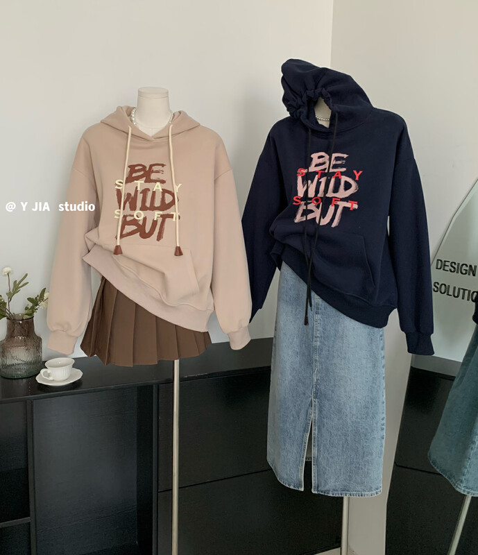 【Y.JIA】American style hooded drawstring letter print loose casual sweater YS1-8628