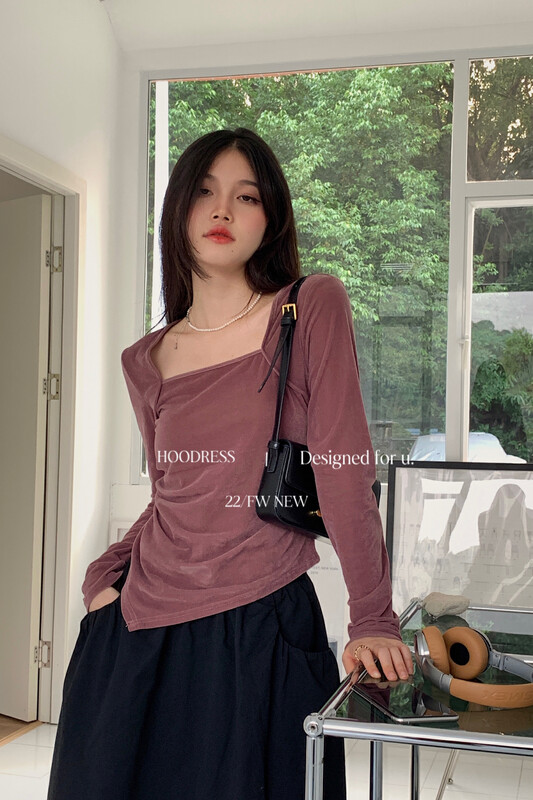 [Fire HOODRESS] Small-scale temperament irregular velvet pleated long-sleeved shirt 22432# JHY