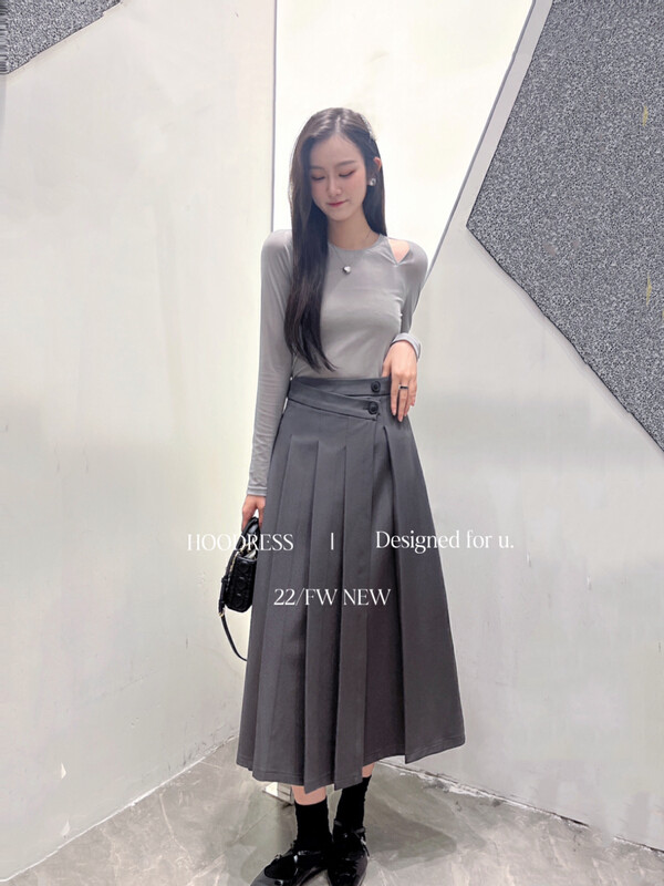 New in winter! [Fire HOODRESS] Korean high waist double button pleated skirt 22420# JHY
