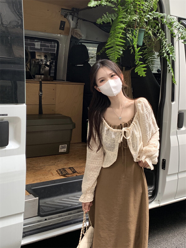 【Y.JIA】Lace Chiffon Drawstring Strap Sunscreen Shirt Gentle and Thin Dress Set 8588# FHX