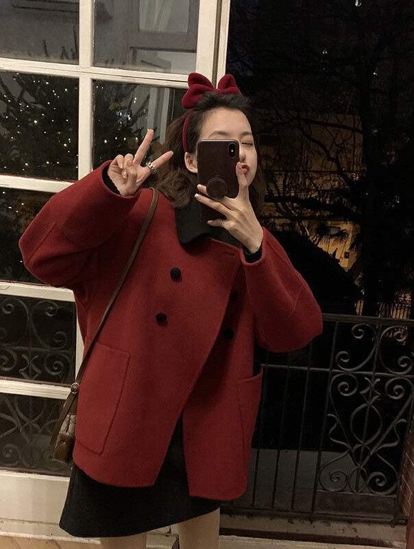 【Y.JIA】Color-blocking double-breasted wool coat coat wool coat with 100% wool 99025-1