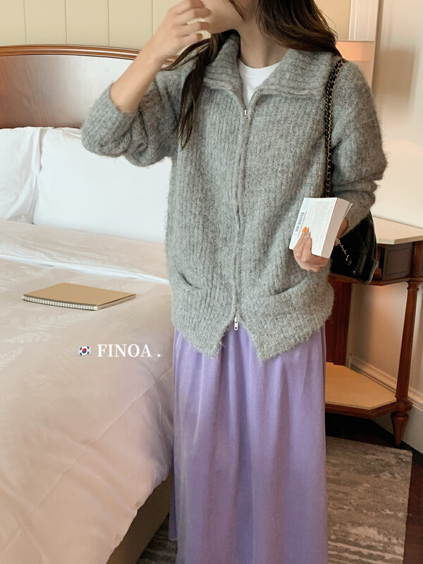 [FINOA] Korean casual zipper lapel pit pattern thick loose all-match sweater olive1317