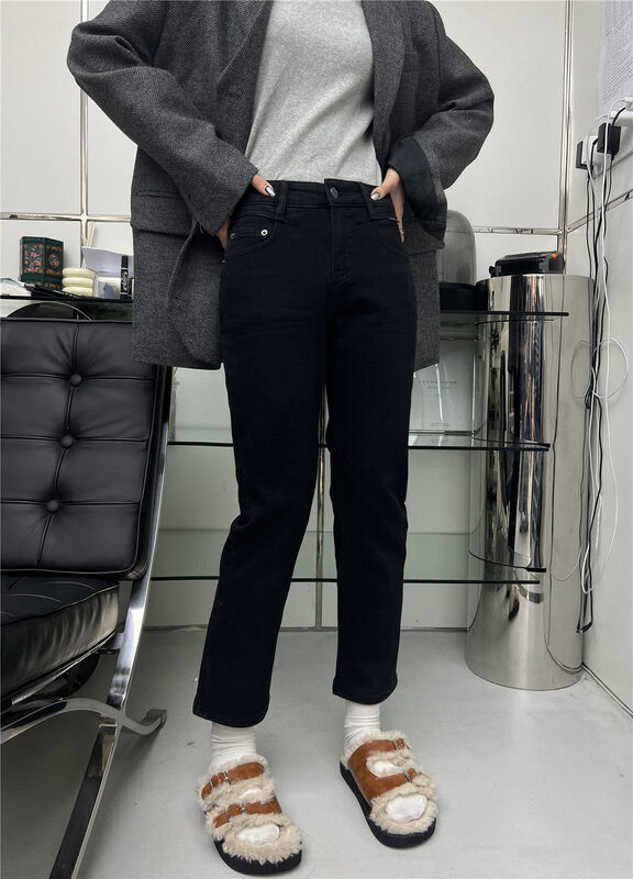 【T-PLATFORM】Korean Style Straight Casual Fleece Jeans V8995# CQW