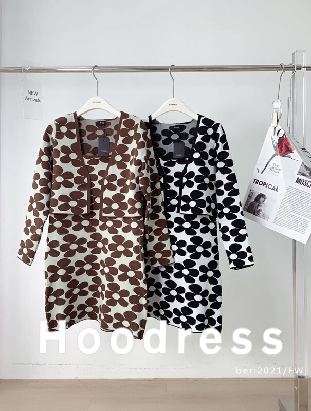 【Fire HOODRESS】Retro heavy industry jacquard dress + knitted print all-match short jacket suit 3712# OZQ