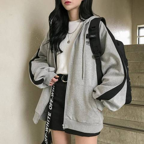 Korean version long-sleeved Harajuku style sweater color-block embroidered letter sweater plus velvet zipper jacket thin thick section