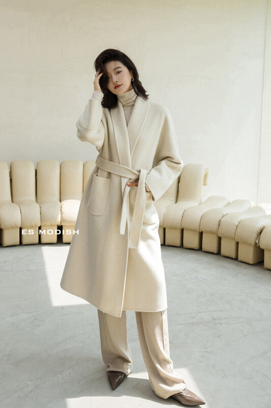New for winter!  【ES MODISH】Korean style fashion temperament mid-length double-sided woolen coat (with belt) (contains 90% Australian wool/10% alpaca) JK2047B# CQW