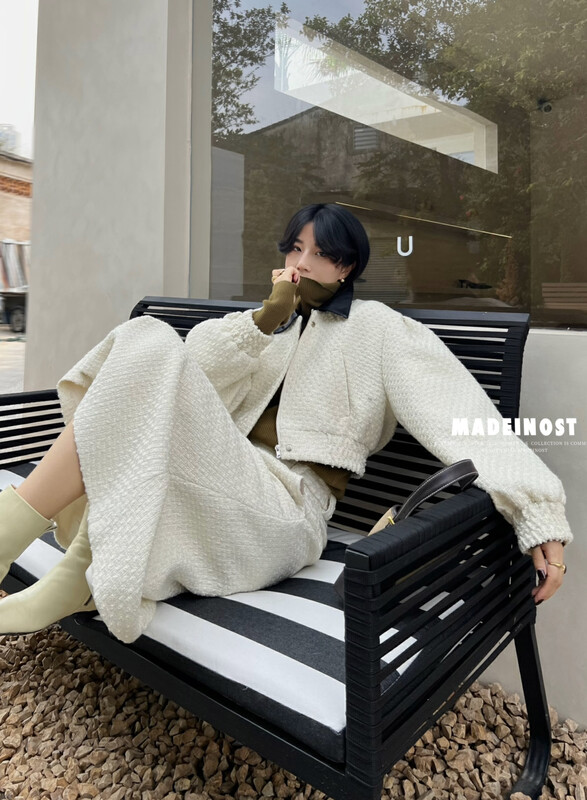 【Osha MADEINOST】Winter new style leather jacket short jacket and skirt suit 87306