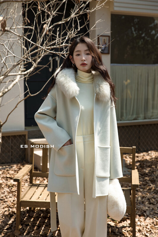 【ES MODISH】Korean version long-sleeved all-match wool coat (with belt) (non-removable real fox fur collar/contains 100% wool) JK2048A# CQW