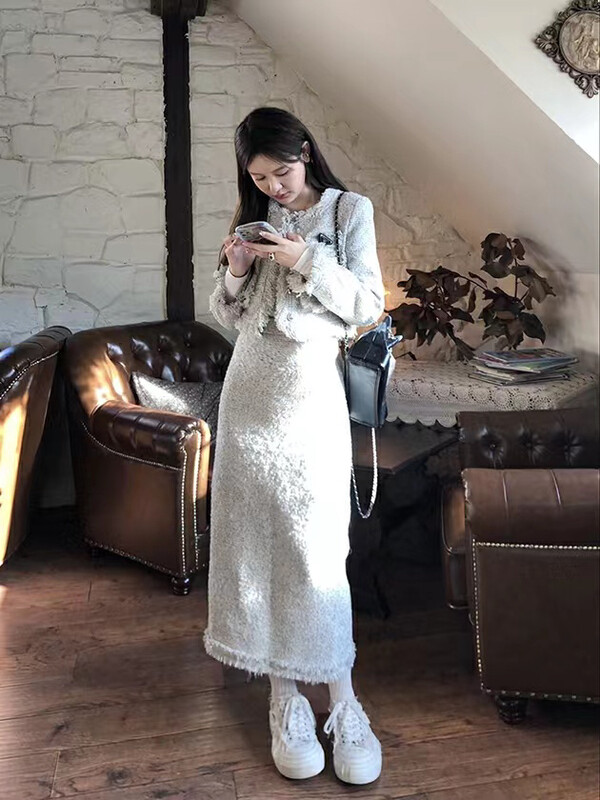 【ARE STUDIO】Korean style small fragrance coat + high waist solid color skirt suit 92313# OZQ