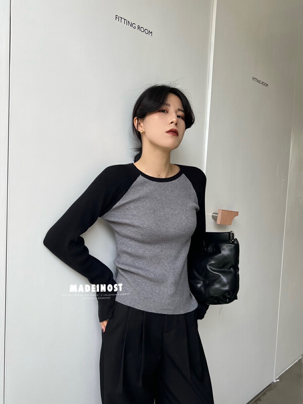 [Osha MADEINOST] Raglan sleeves contrast color pit strip elastic slim bottoming sweater S7105