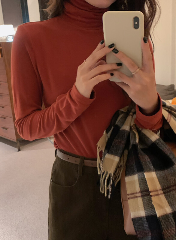 [FINOA] Semi-high collar basic all-match solid color elastic slim bottoming shirt exclusive Y101