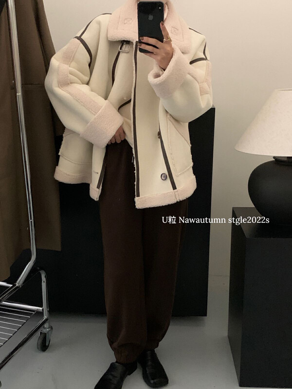 [U grain] Korean version of the loose motorcycle suit and fur short jacket 1090