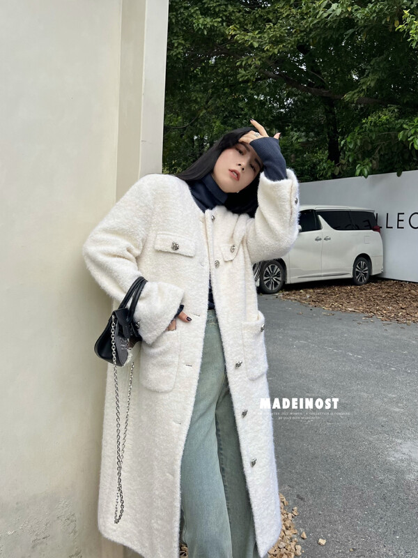 [Osha MADEINOST] Winter new lap wool woolen round neck long quilted coat wool coat containing 63 wool 87318