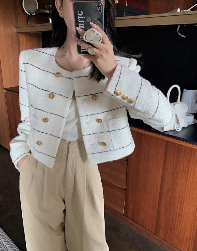 [Y.JIA Ijia] Korean style round neck double-breasted striped small fragrance short coat YS1-6096# FHX