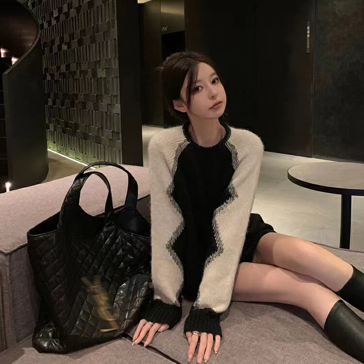 【ARE STUDIO】Designed Pullover Colorblock Loose Knit Sweater 92295# OZQ