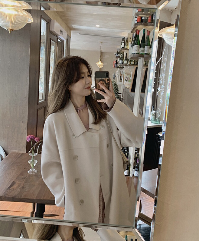 [Y.JIA Yijia] Korean style sweet and age-reducing temperament all-match double-breasted mid-length wool coat 55020