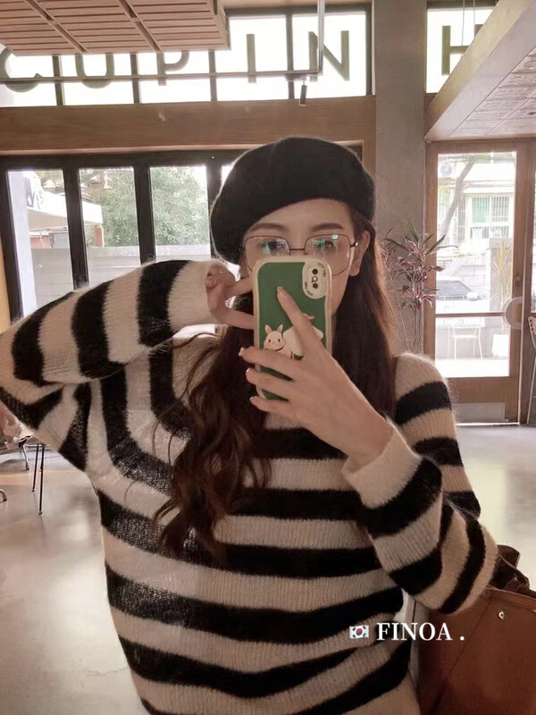 【FINOA】Casual Lazy Versatile Round Neck Striped Sweater olive1383
