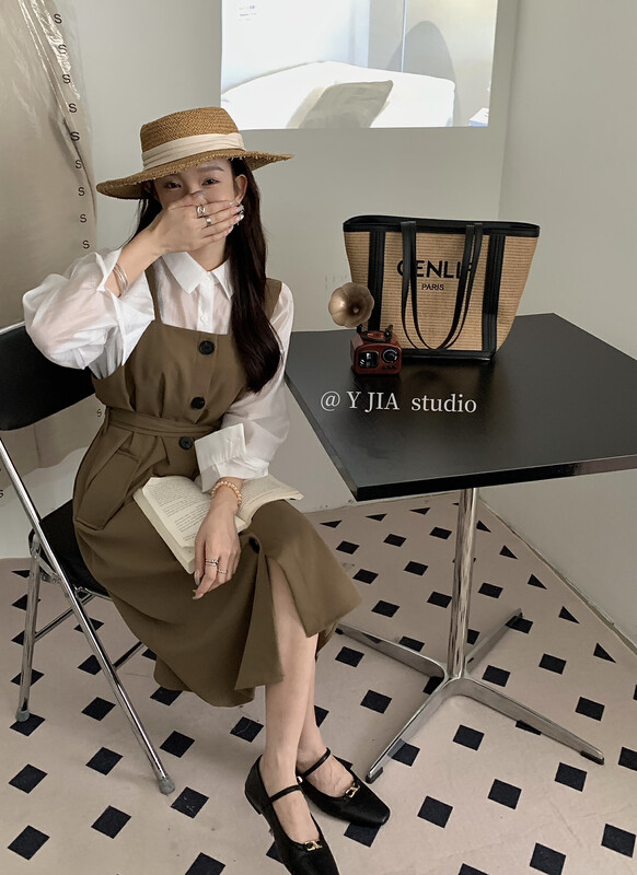 [Y.JIA Yijia] Simple and versatile shirt design sense strappy suspender skirt two-piece suit (with waist rope) 5016