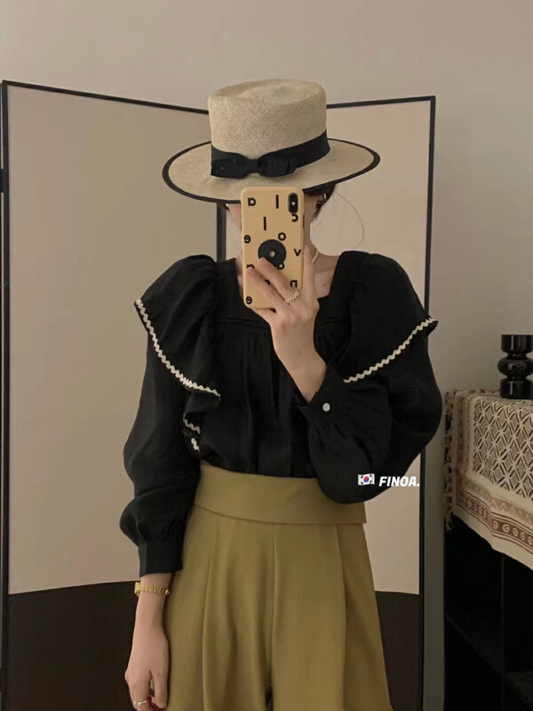 【FINOA】Sweet temperament color matching lace square neck puff sleeve shirt 1335