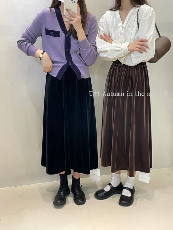 [U grain] Dongdaemun new all-match gold velvet skirt skirt 332# FHX