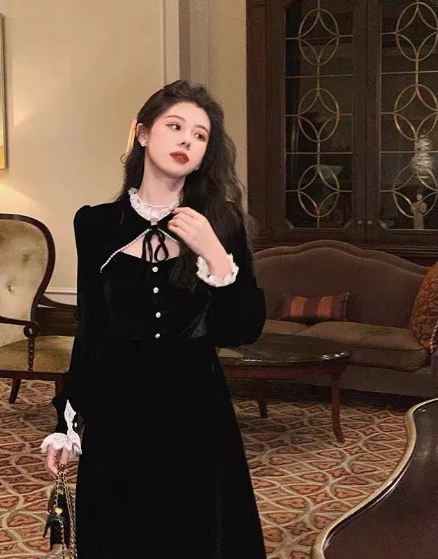 New in autumn!【ARE STUDIO】French lace stitching velvet dress 92067# OZQ