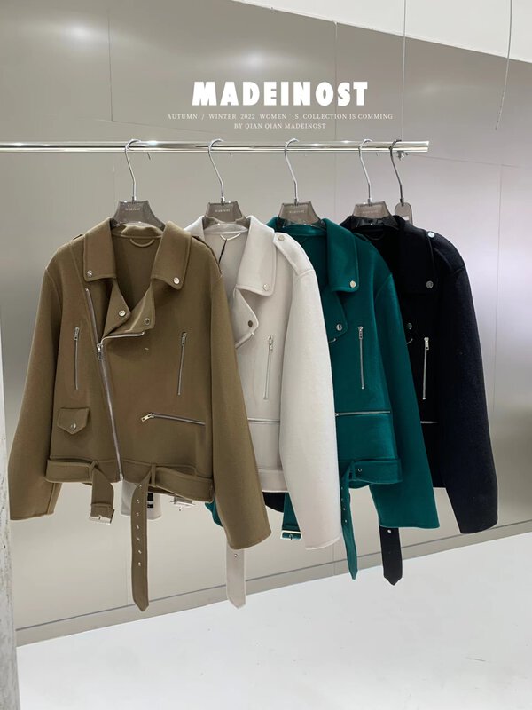Original price 429.64! [Osha MADEINOST] autumn and winter new motorcycle big brand double-sided cashmere wool coat (with belt) containing 90 wool YS-85308