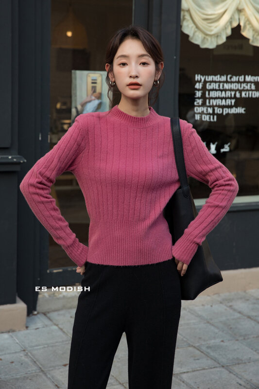 【ES MODISH】Solid Color Pit Slim Fit Standing Collar Short Thermal Sweater (Containing 35% Alpaca, 30% Wool) BL1907# CQW