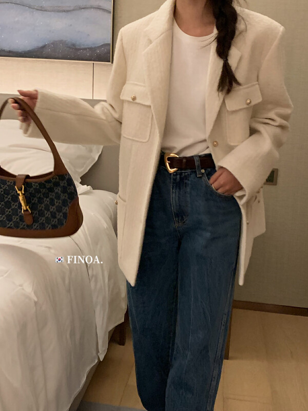 [FINOA] Textured small fragrance solid color single-breasted pocket atmospheric suit 10827
