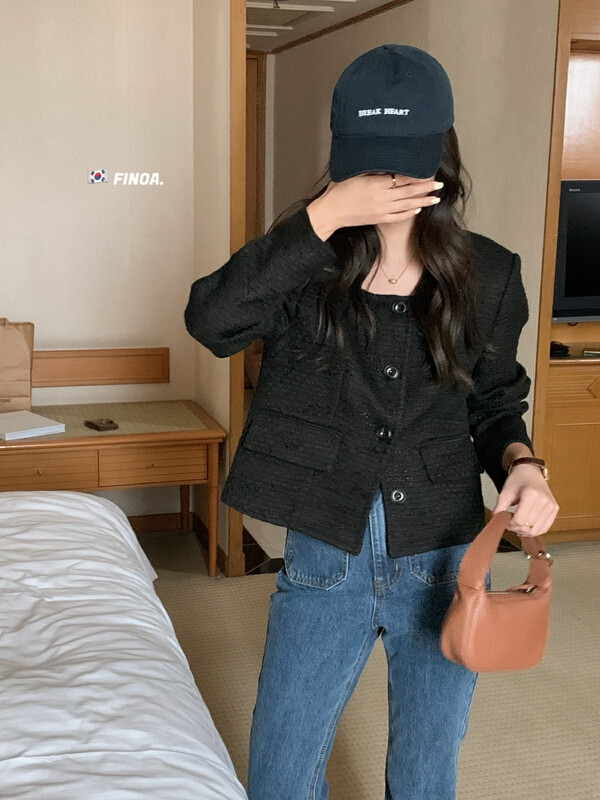 Original price 167.94! 【FINOA】Korean temperament simple small fragrance woven material square collar slim short jacket 10787# JHY