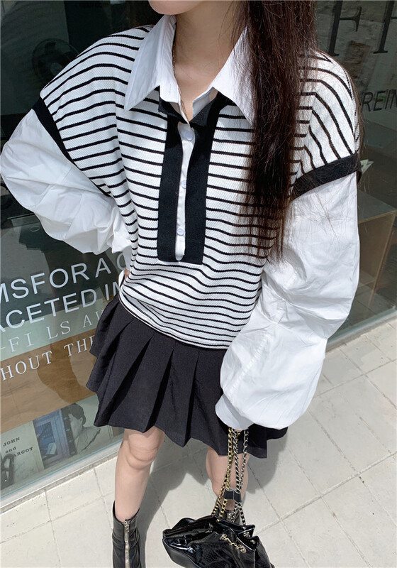 [Y.JIA Ijia] Fake two-piece striped stitching long-sleeved shirt design sense niche shirt loose shirt YS1-6201