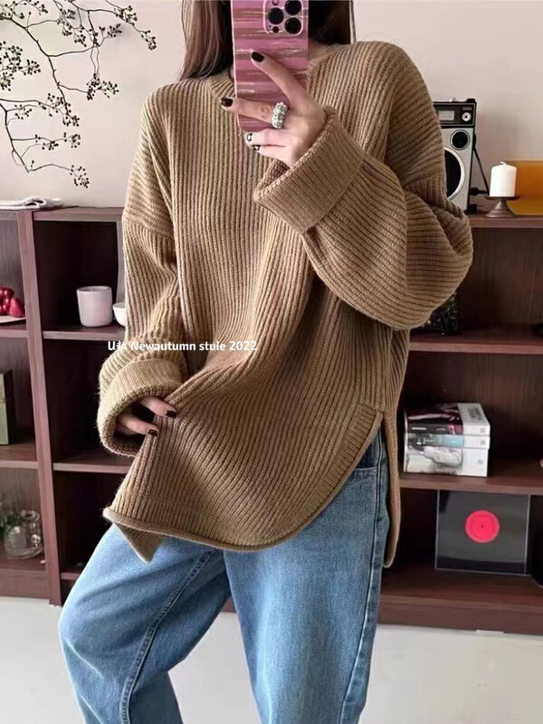 [U grain] Korean same style round neck solid color sweater with side slits warm sweater YS1-1749# FHX