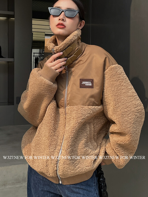 【W327.】Stand-up collar tie-stitching design lamb fleece motorcycle jacket 93223# CQW