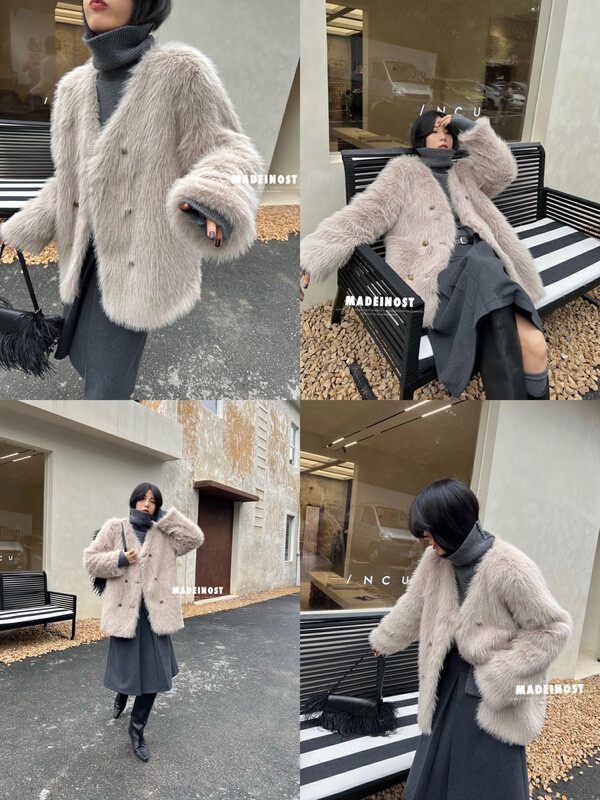 [Osha MADEINOST] Winter new simple v-neck Tuscan long hair simulation fur coat 87327