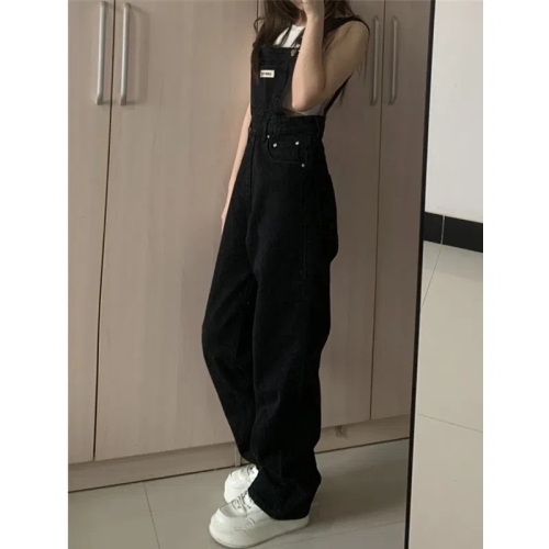 High street ins retro black denim overalls women's spring and autumn new high waist loose straight mopping pants trendy