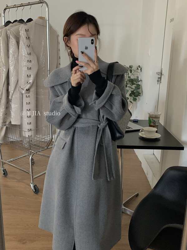 [Y.JIA Yijia] Korean temperament large lapel design sense straps thin long wool coat wool coat 55055