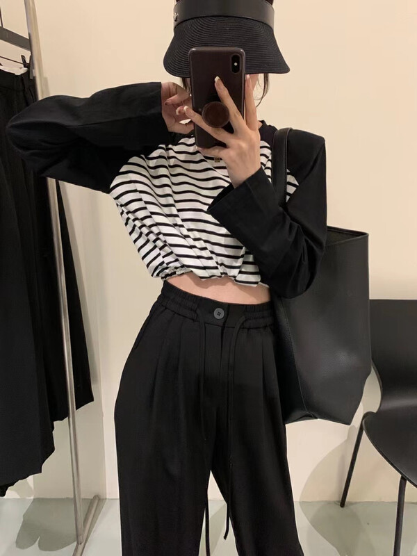 [Y.JIA Ijia] Korean simple and versatile lace-up striped long-sleeved T-shirt YS1-2299
